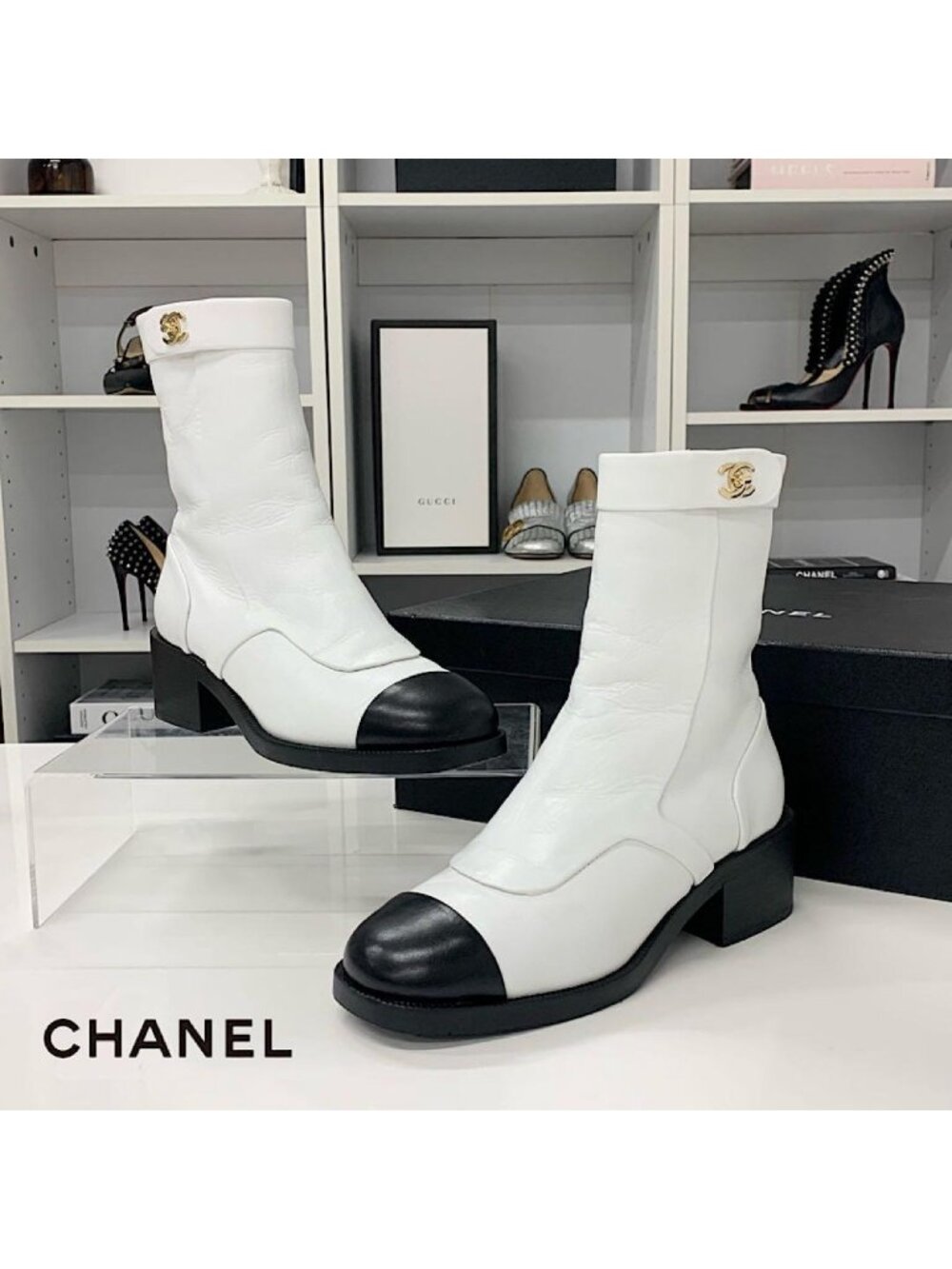 Chanel CC Logo Turnlock Leather Short Boots White Black
